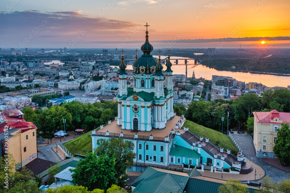 Aerial view of St. Andrew's Church during dawn, one of the most famous sights of the city of Kiev. Cityscape concept, tourism, vacation, travel