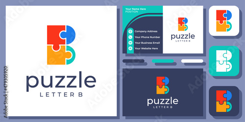 Initial Letter B Puzzle Jigsaw Solution Game Connection Modern Logo Design with Business Card Template