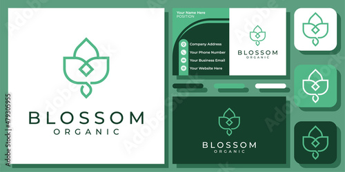 Blossom Plant Simple Flower Nature Green Leaf Minimal Modern Logo Design with Business Card Template