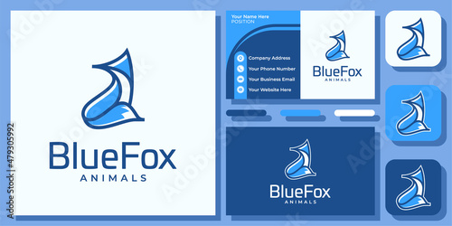 Modern Fox Animal Foxy Wolf Wildlife Mascot Head Simple Icon Logo Design with Business Card Template