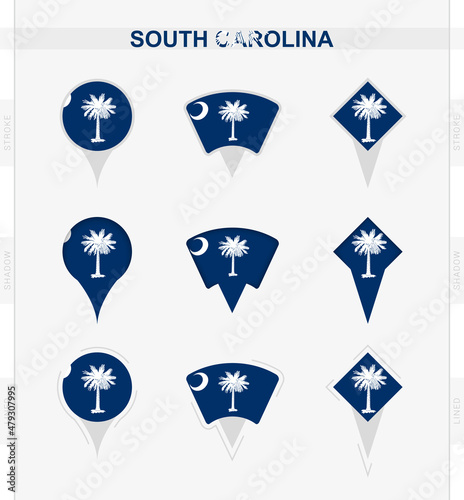 South Carolina flag, set of location pin icons of South Carolina flag.