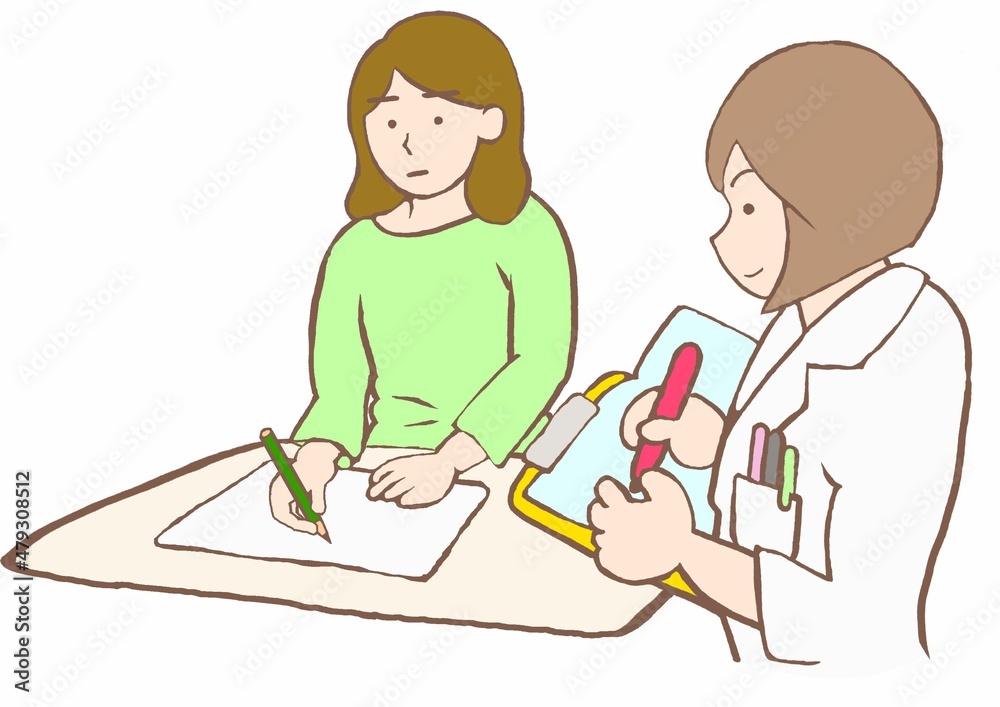 うつ病　臨床心理士の心理検査を受ける女性