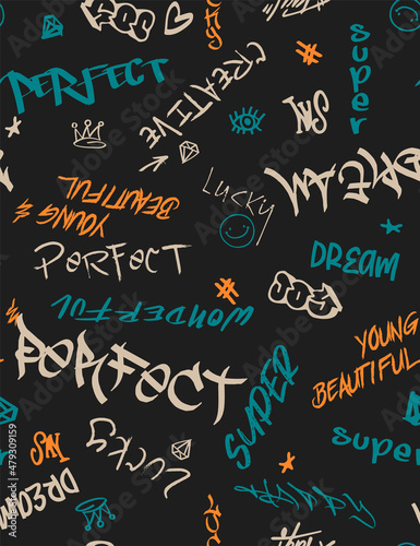 Vector graffiti seamless pattern with abstract tags, letters without meaning. hand drawing texture, street art retro style, old school design for t-shirt, textile, wrapping paper, black white