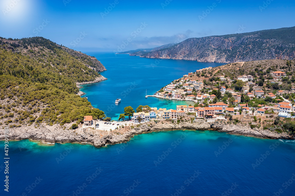 Aerial view of the idyllic fishing village Assos on the island of Kefalonia, Ionian Sea, Greece
