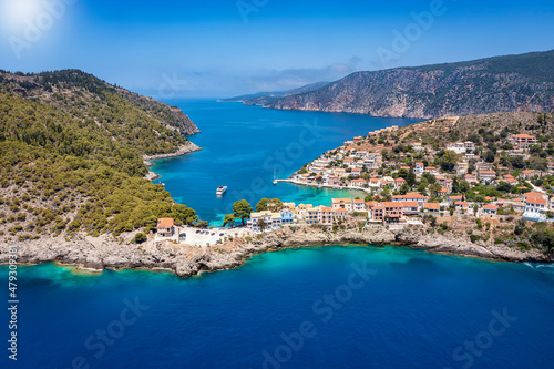 Aerial view of the idyllic fishing village Assos on the island of Kefalonia, Ionian Sea, Greece