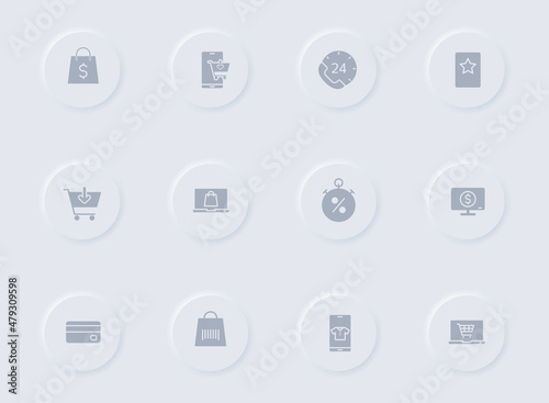 e shopping gray vector icons on round rubber buttons. e shopping icon set for web, mobile apps, ui design and promo business polygraphy