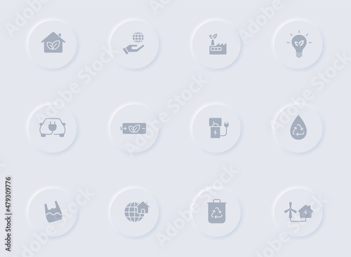 eco gray vector icons on round rubber buttons. ecology icon set for web, mobile apps, ui design and promo business polygraphy