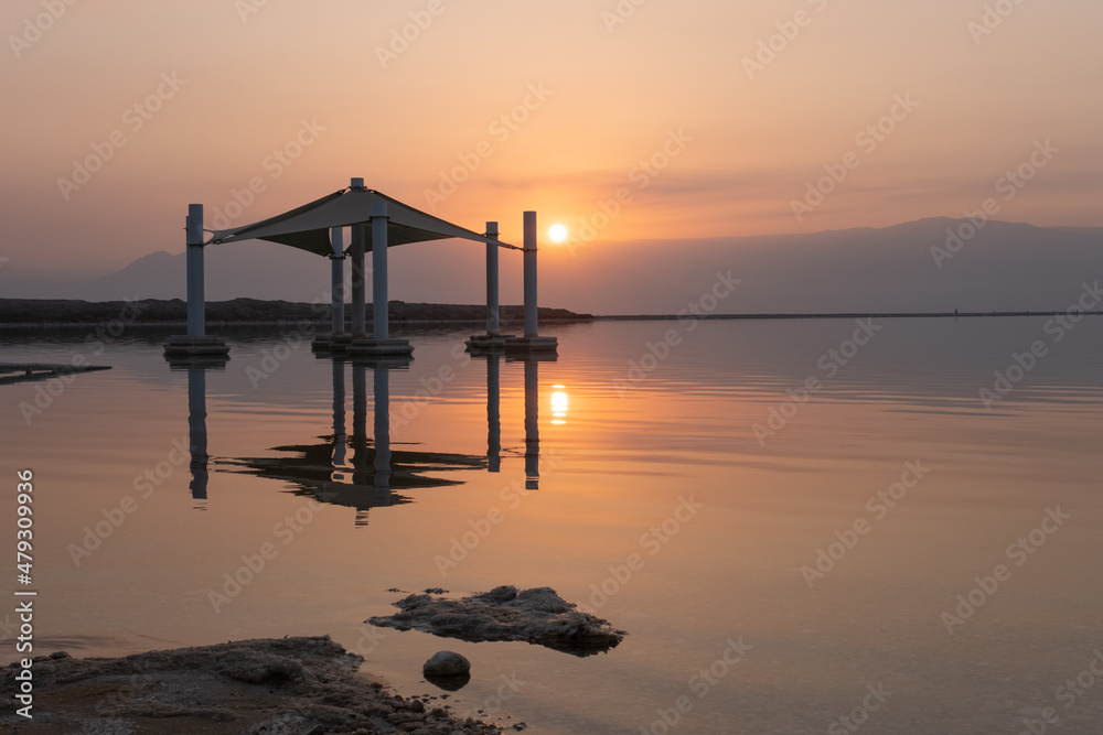 Sunrise view of the Ein Bokek coast, Dead Sea