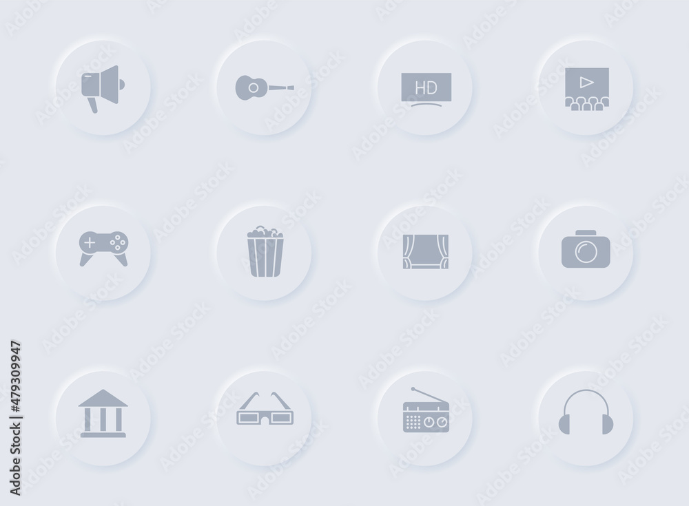 entertainment gray vector icons on round rubber buttons. entertainment icon set for web, mobile apps, ui design and promo business polygraphy