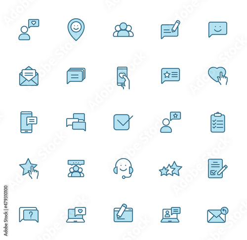 feedback line vector icons in two colors isolated on white background. feedback blue icon set for web design, ui, mobile apps, print polygraphy and promo advertising business