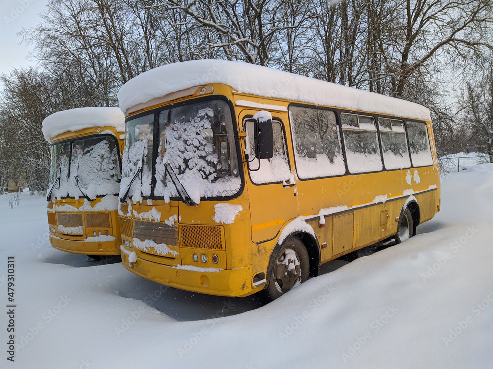 two yellow school buses covered with snow in the daytime.