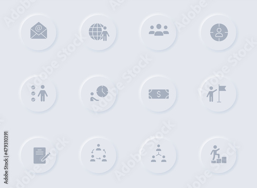 headhunting gray vector icons on round rubber buttons. headhunting icon set for web, mobile apps, ui design and promo business polygraphy