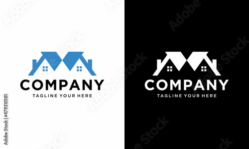  home shape and letter M for real estate developer company logo. on a black and white background.