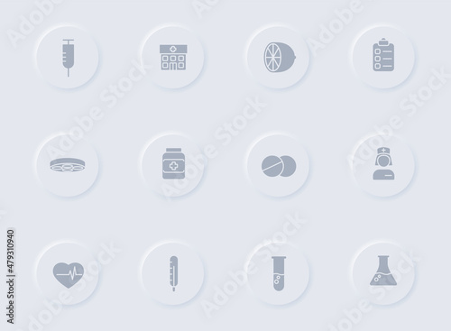 medical gray vector icons on round rubber buttons. medical icon set for web, mobile apps, ui design and promo business polygraphy