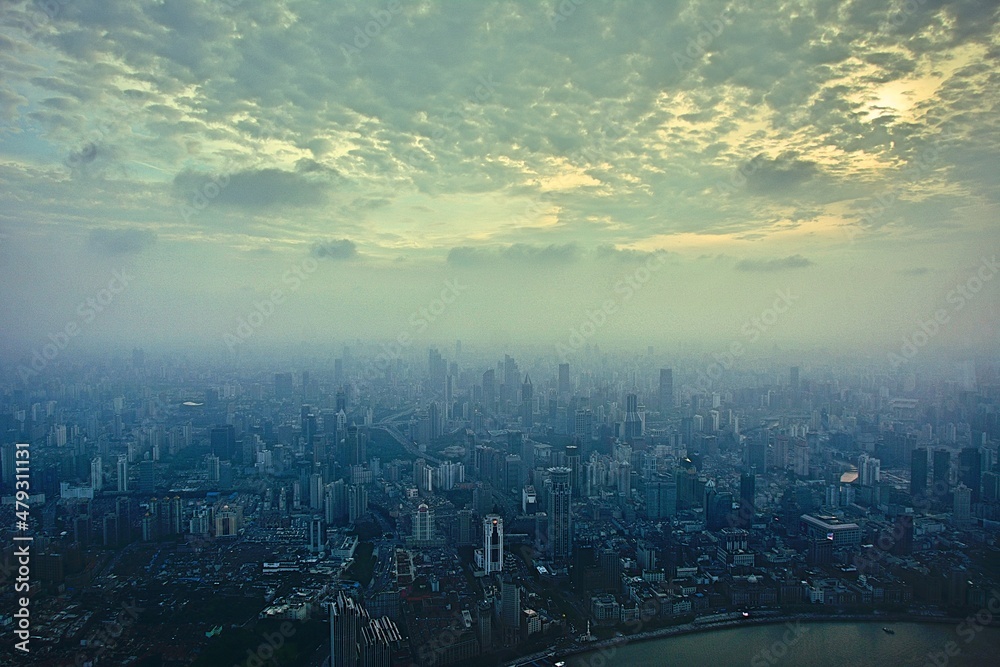 Sunset over the city of Shanghai, China - as seen from the 2nd tallest building in the world - the Shanghai Tower 
