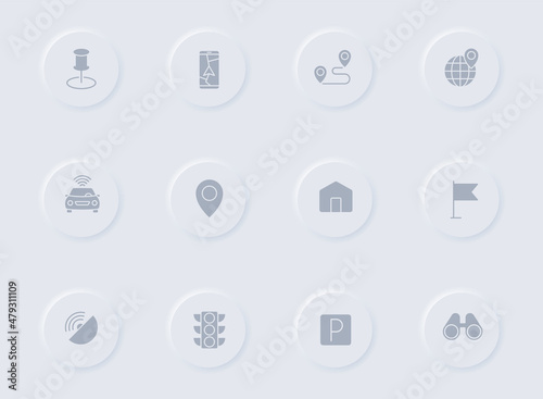 navigation gray vector icons on round rubber buttons. navigation icon set for web, mobile apps, ui design and promo business polygraphy