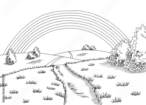 Rainbow hills graphic black white road landscape sketch illustration vector