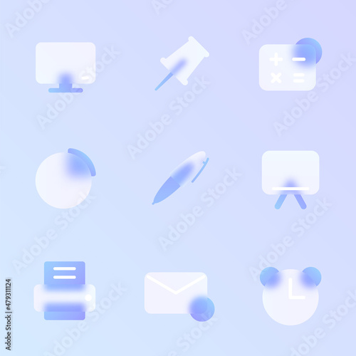 office glass morphism trendy style icon set. office transparent glass color vector icons with blur and purple gradient. for web and ui design, mobile apps and promo business polygraphy