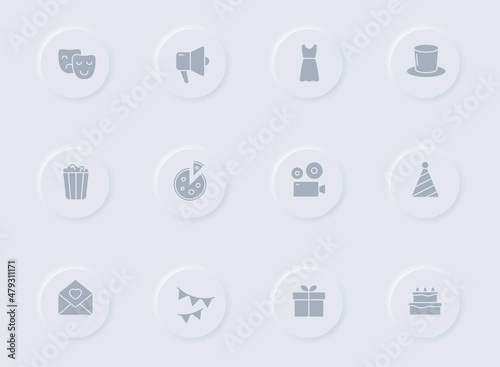 party gray vector icons on round rubber buttons. party icon set for web, mobile apps, ui design and promo business polygraphy
