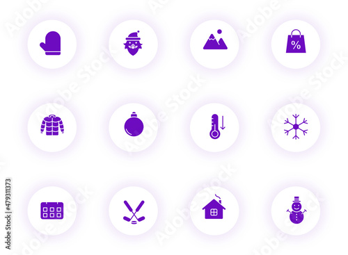 winter purple color vector icons on light round buttons with purple shadow. winter icon set for web, mobile apps, ui design and print