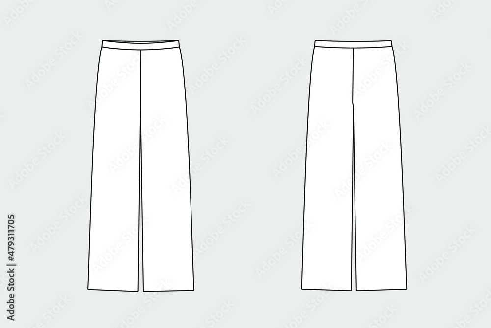 Woman trousers vector template isolated on a grey background. Front and back view. Outline fashion technical sketch of clothes model Woman trousers vector template isolated on a grey background. Front and back view. Outline fashion technical sketch of clothes model