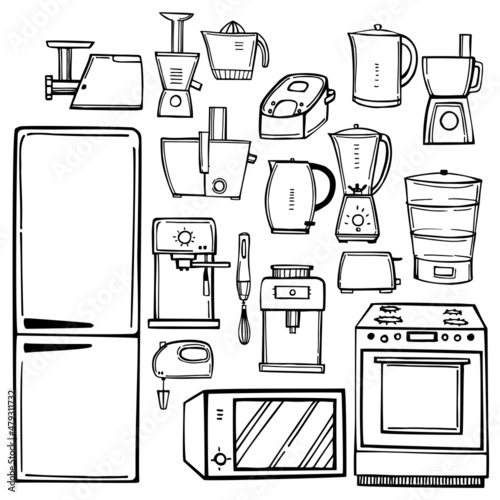Kitchen appliances set. Sketch illustration.