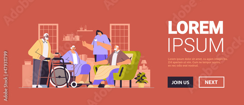 friendly nurse or volunteer supporting aged mix race people home care services healthcare horizontal