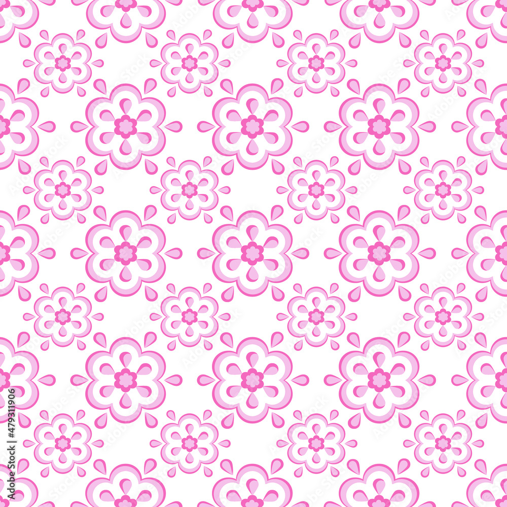 Seamless vector cute floral pattern. Pink monochrome flowers are repeating design on white background.Vector isolate flat design pattern for porcelain,fabric, clothes,wallpaper,tile,wrapping paper.