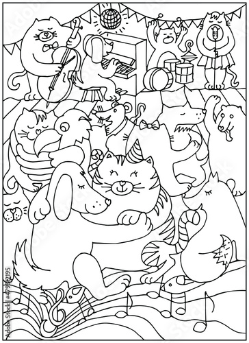 Coloring page. Animal dancing at party. Colouring book. Sketch vector illustration.