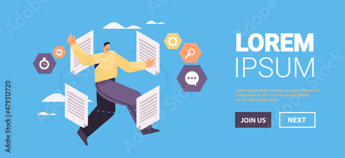 overworked businessman working with paper documents paperwork deadline concept