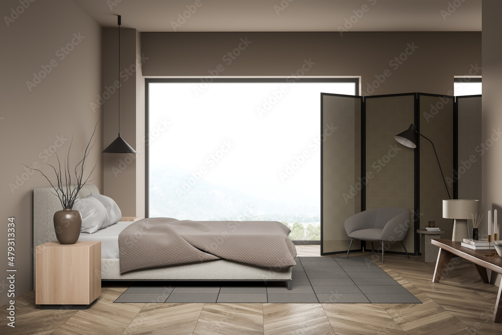 Bright bedroom interior with empty wall, panoramic window, bed, partition