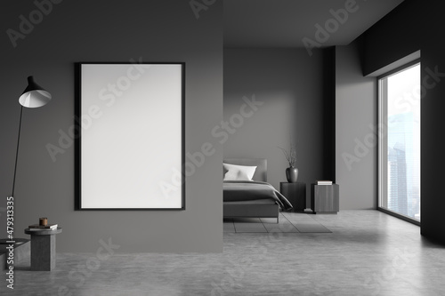 Dark bedroom interior with empty white poster  bed  panoramic window