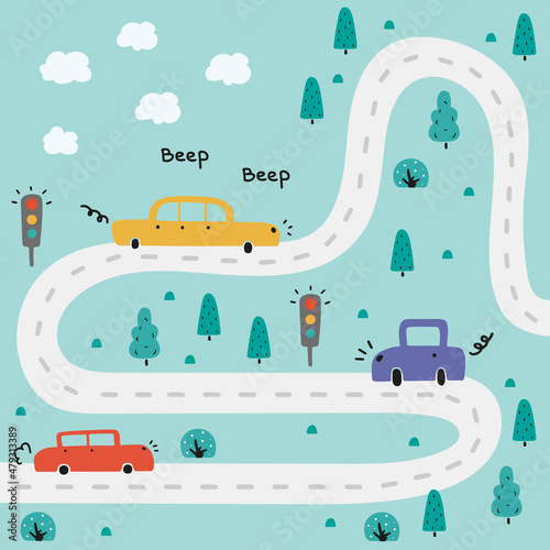 Baby City map with cars, trees, road, text. Hand drawn vector illustration