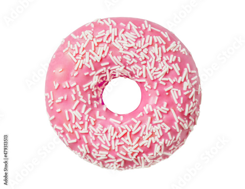 Donut with pink glaze, isolated on white background with clipping path, element of packaging design. Full depth of field.