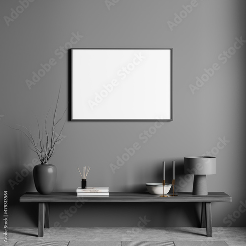 Grey exhibition room interior with wooden bench and decoration, mockup poster © ImageFlow