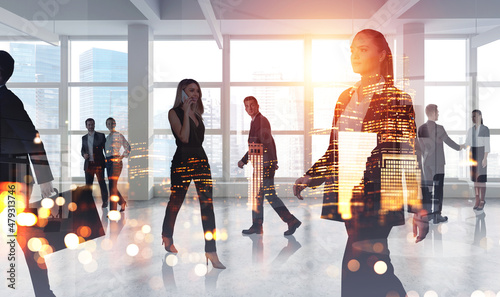 Canvas Print Businessmen and businesswomen work together in company shaking h