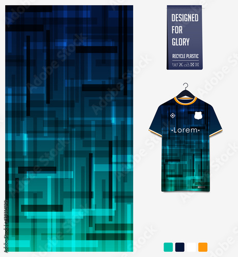 Soccer jersey pattern design. Geometric pattern on green background for soccer kit, football kit or sports uniform. T-shirt mockup template. Fabric pattern. Abstract background. 