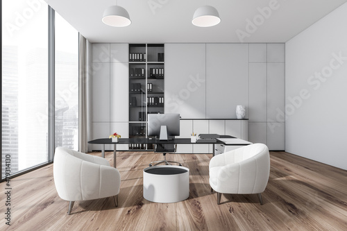 White business room interior with armchairs  coffee table and shelf  window