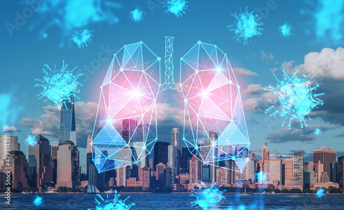 SARS-CoV-2 virus and lungs  panoramic view on New York business center