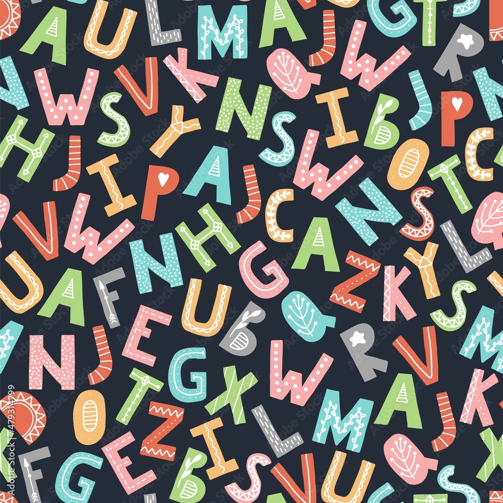 Obraz premium ABC seamless pattern. Scandinavian style alphabet. Vector cartoon hand drawn repeat wallpaper.