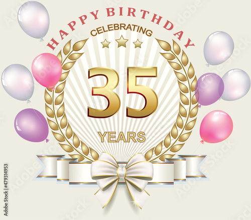 Celebrating 35 years anniversary, happy birthday card with golden numbers and wreath, ribbon on the background of balloons