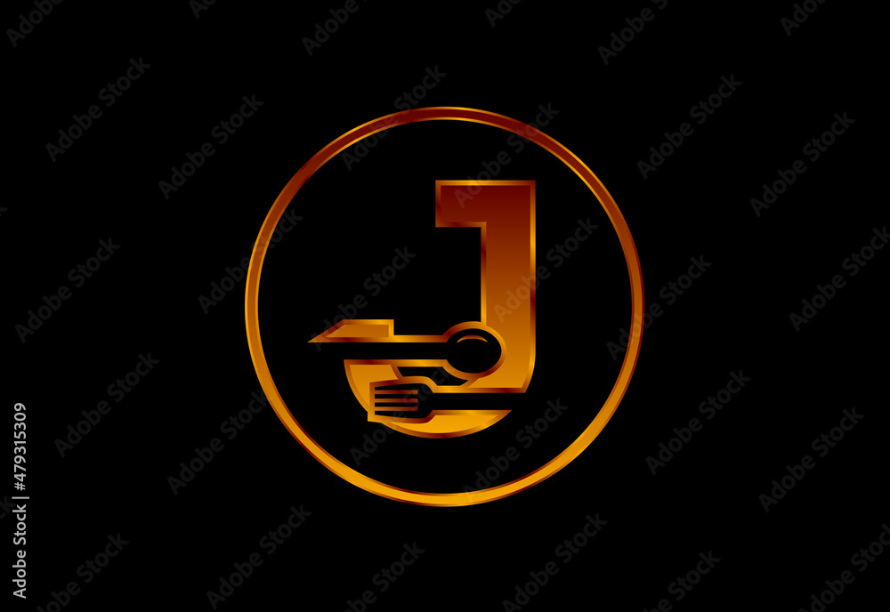 Initial J monogram alphabet with a fork, spoon. Font emblem. Modern vector logo for cafe Initial J monogram alphabet with a fork, spoon. Font emblem. Modern vector logo for cafe