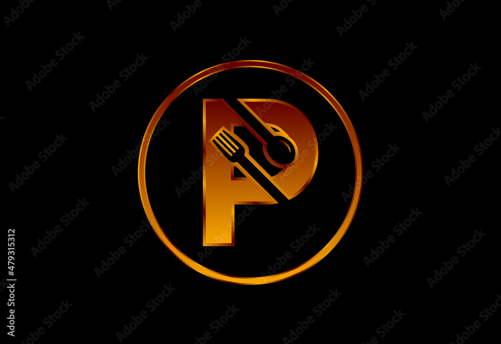 Initial P monogram alphabet with a fork, spoon. Font emblem. Modern vector logo for cafe Initial P monogram alphabet with a fork, spoon. Font emblem. Modern vector logo for cafe