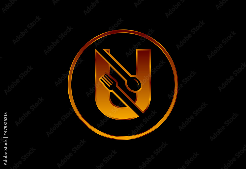 Initial U monogram alphabet with a fork, spoon. Font emblem. Modern vector logo for cafe Initial U monogram alphabet with a fork, spoon. Font emblem. Modern vector logo for cafe