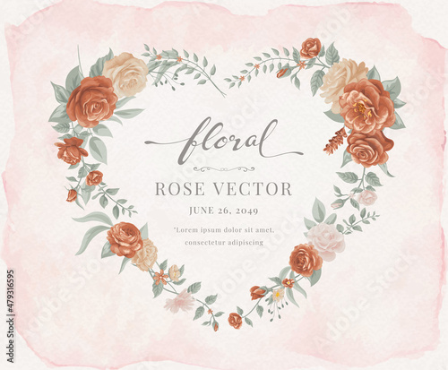 Beautiful Rose Flower and botanical leaf heart shape watercolor digital painted illustration for love wedding valentines day or arrangement invitation design greeting card