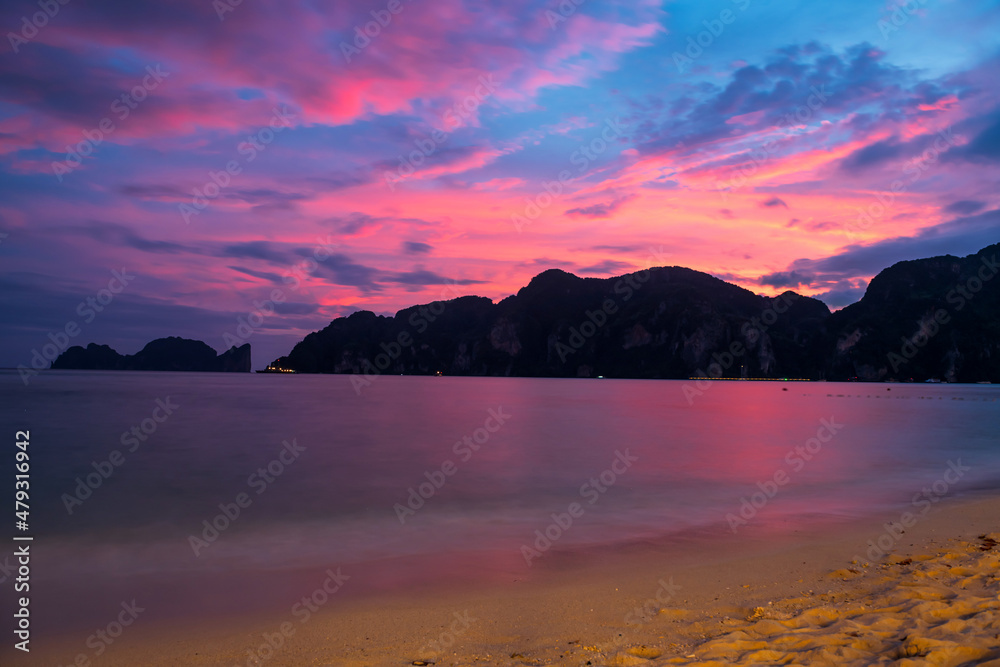 Seascape of Phi Phi Don long beach at dusk, Krabi