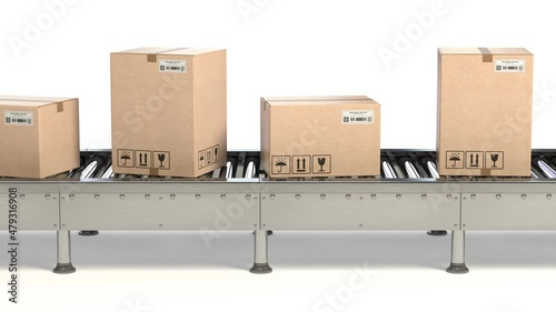 Cardboard boxes on conveyor belt iisolated on white. Delivery and packaging service. Loopable animation alpha channel.