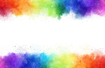 Rainbow watercolor frame background on white. Pure vibrant watercolor colors. Creative paint gradients, fluids, splashes and stains.  Creative design background.