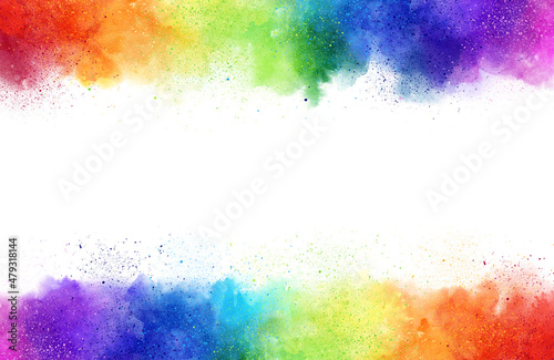 Rainbow watercolor frame background on white. Pure vibrant watercolor colors. Creative paint gradients, fluids, splashes and stains.  Creative design background.