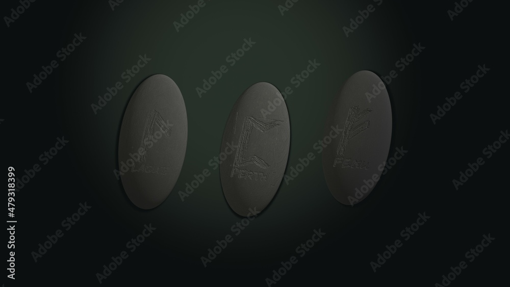 Three scandinavian oval runas in stones predicting fate placed over green background with mysterious lightning Three scandinavian oval runas in stones predicting fate placed over green background with mysterious lightning